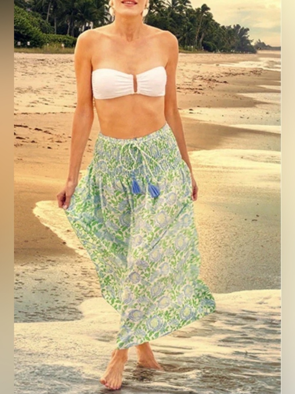 Gretchen Scott All Dolled Up Blue Green Tiered Maxi Skirt Cotton XS